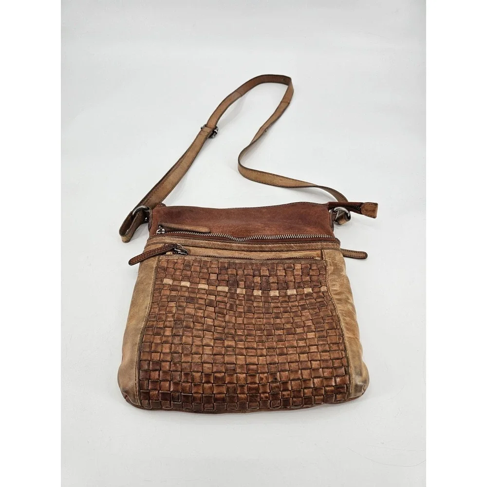 Anthropologie Vilenca Holland Cognac Weaved Distress Leather Crossbody‎ Bag